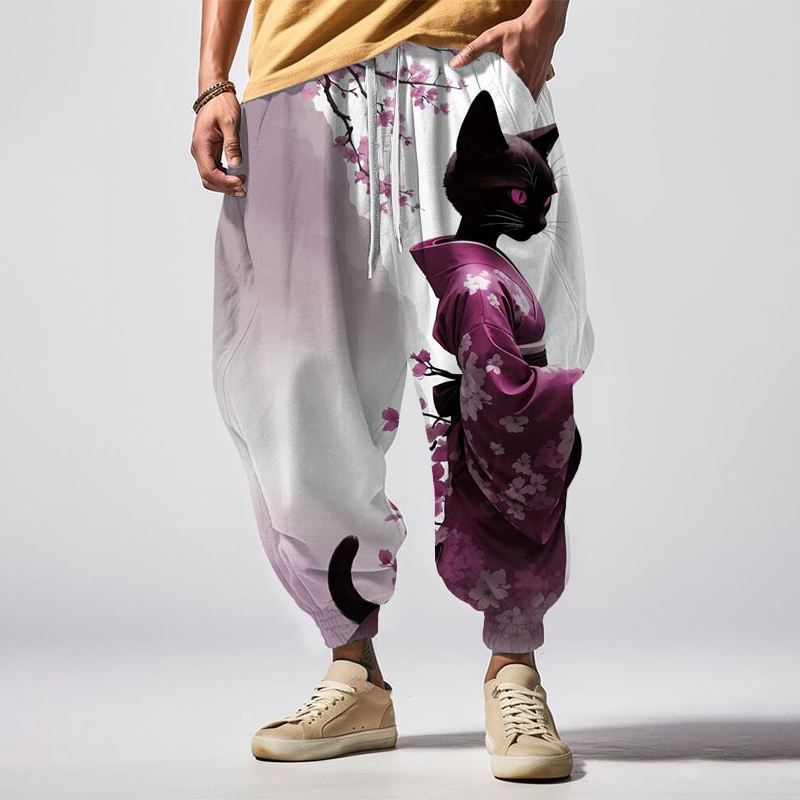 Japanese Art Elegant Sakura Kimono Cat Print Casual Loose Drawstring Waist Sweatpants wearshes