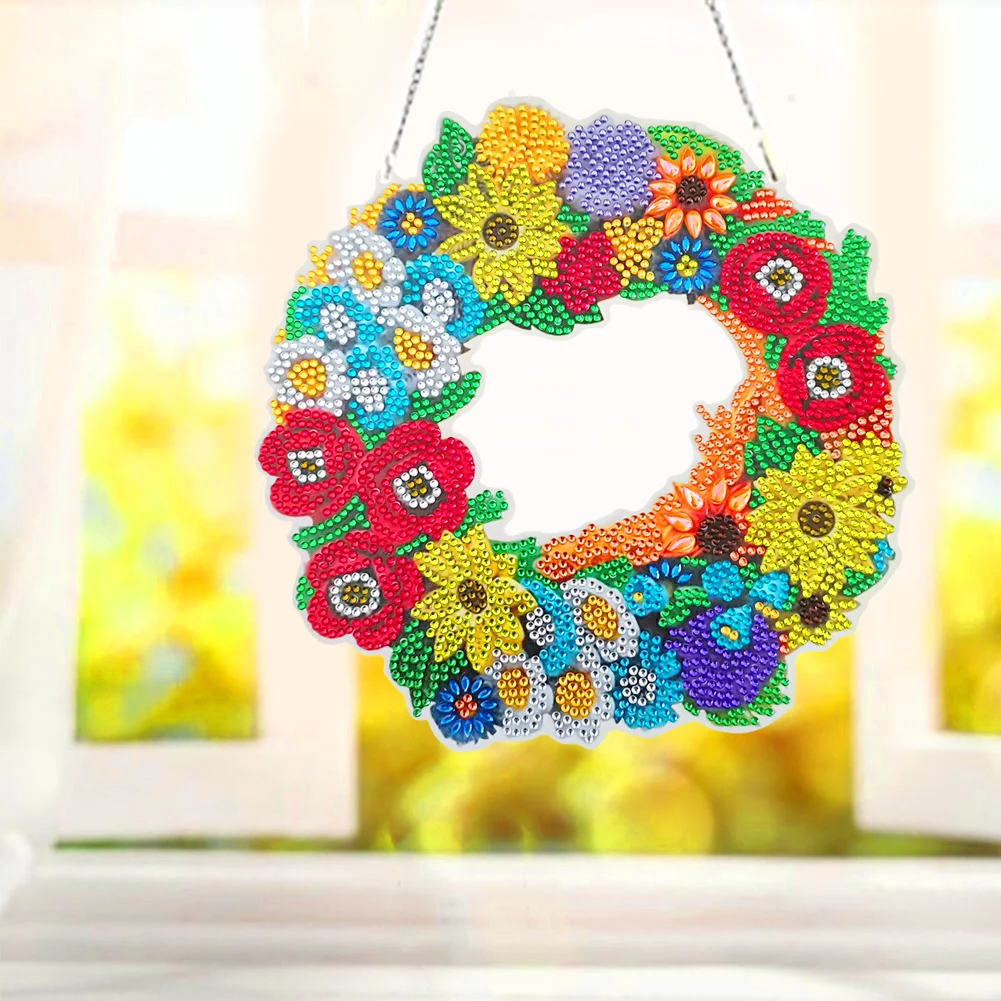 5D DIY Dot Drill Diamond Painting Flower Wreath Kit with Chain Art Pendant