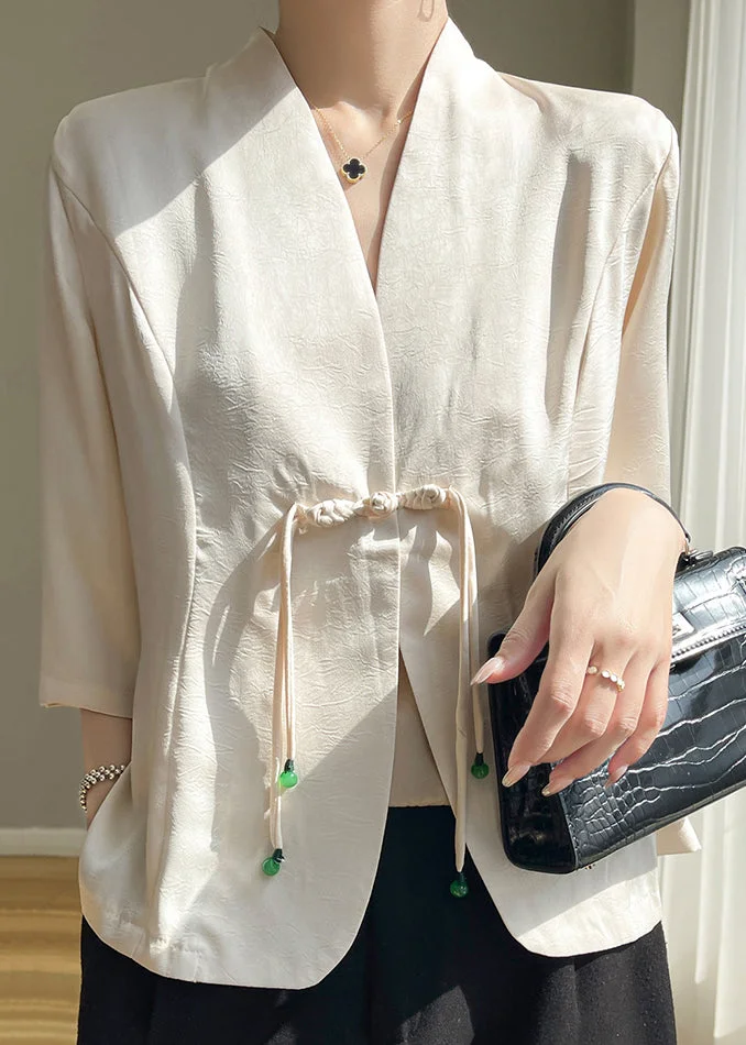 Apricot Satin V Neck Collared L/S Blouse