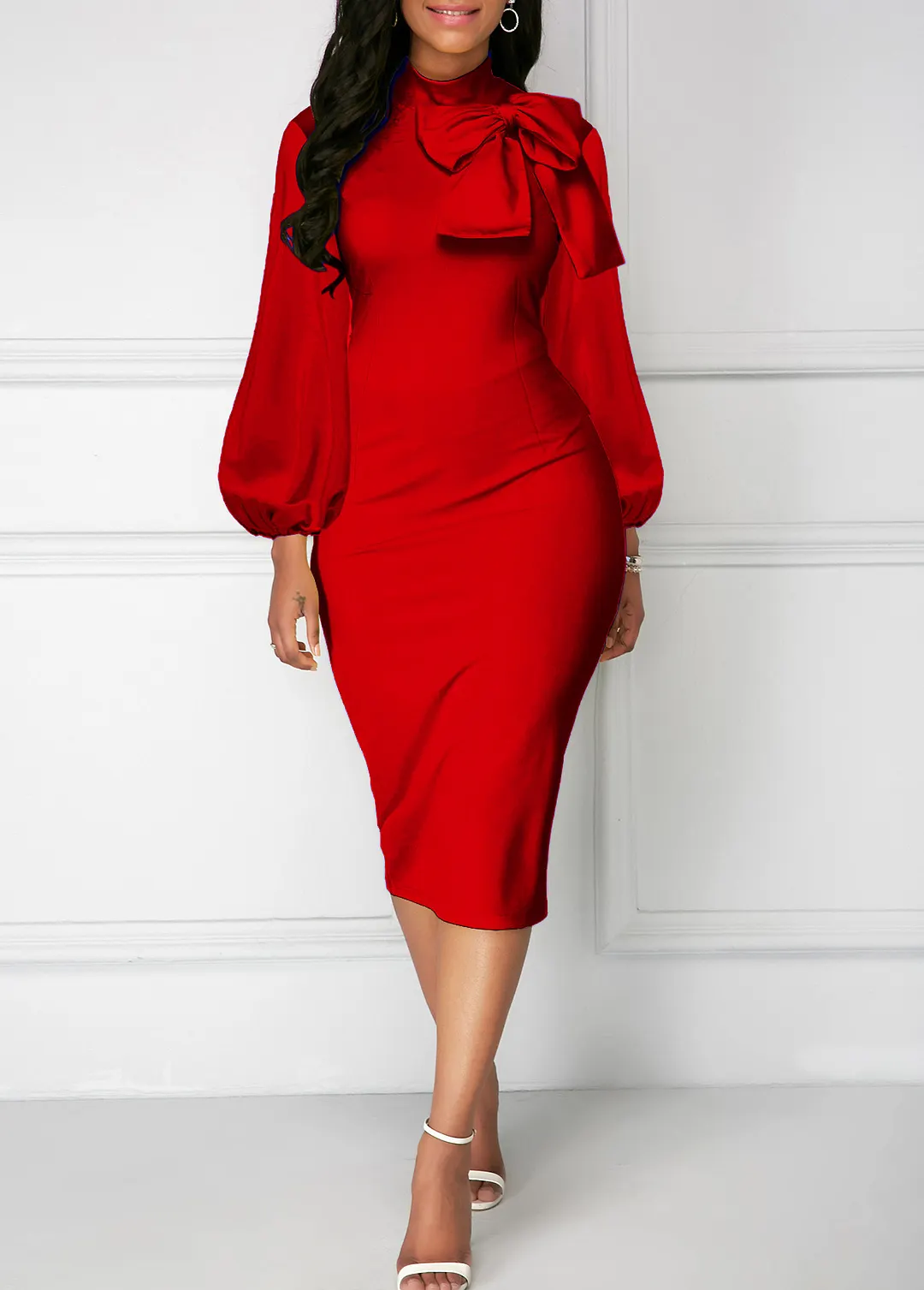Bowknot Neck Lantern Sleeve Sheath Dress