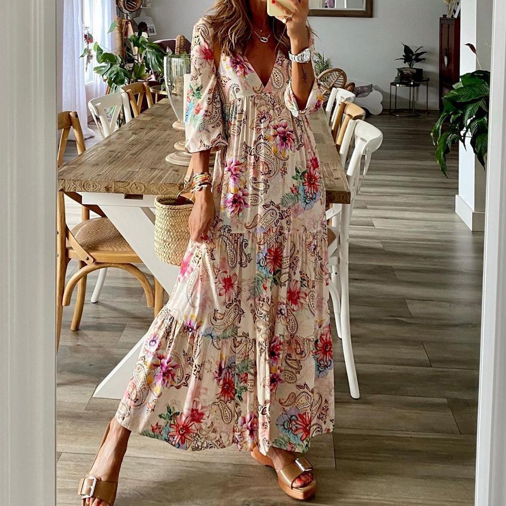 Romantic Print V-Neck Maxi Dress-vocosishoes
