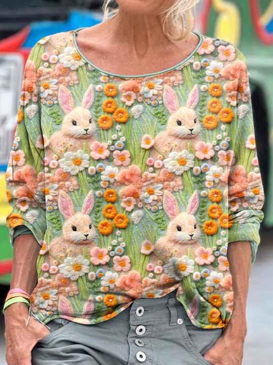 Comstylish Women's Cute Bunny Floral Felt Art Long Sleeve T-shirt