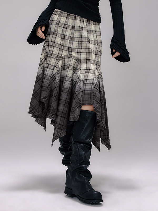 Color Matching Gradient Design Plaid Irregular Hem Skirts