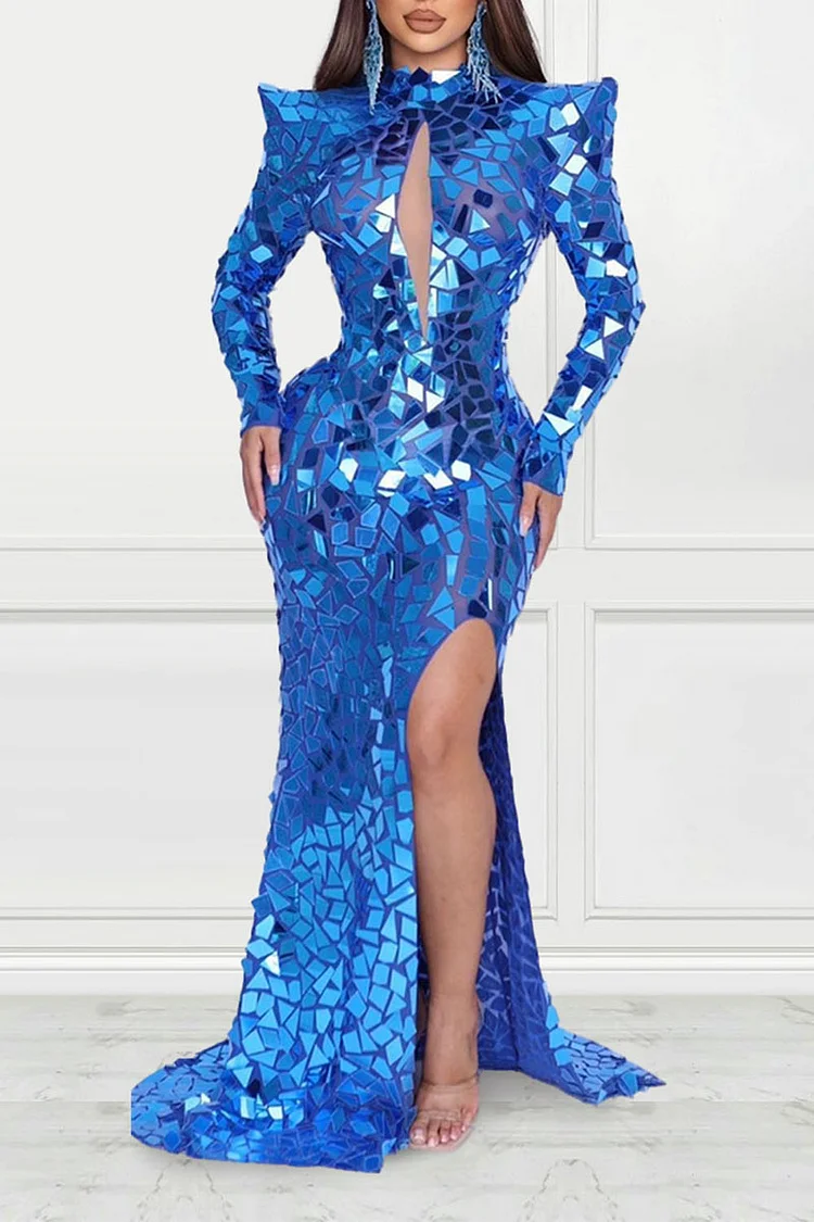 Plus Size Royal Blue Formal Mirror Sequin Long Sleeve High Slit Maxi Dresses [Pre-Order]