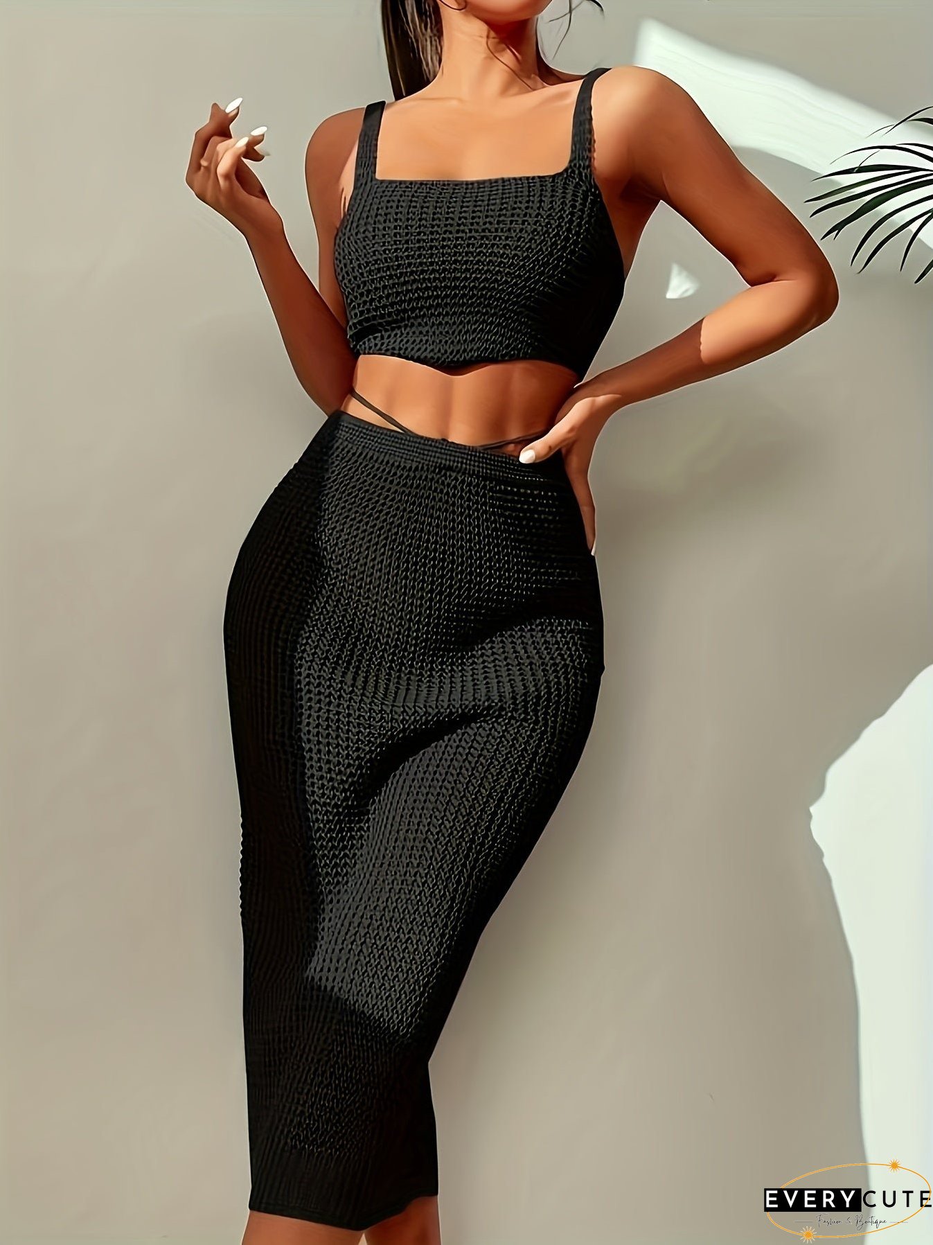 Waffle Print Solid Casual Two-piece Set Cropped Sleeveless Tank Top Drawstring Bodycon