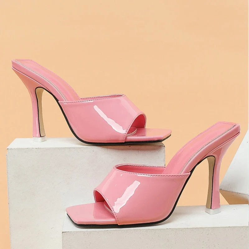 2022 New Summer Slippers Pink Patent Leather Square Toe Thin High Heels Fashion Shallow Mules Sliders Shoes Women Sandals Pumps