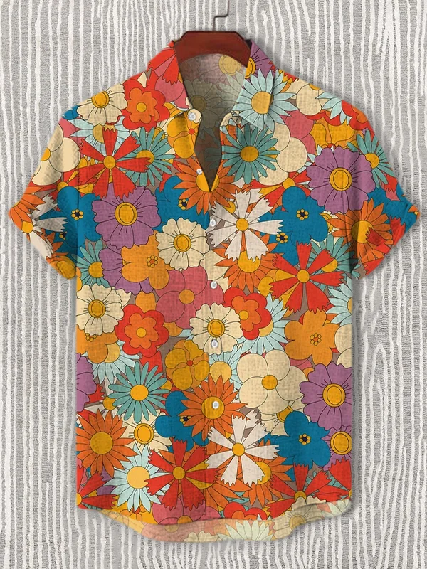 Men's Retro Flowers Print Casual Short Sleeve Shirt