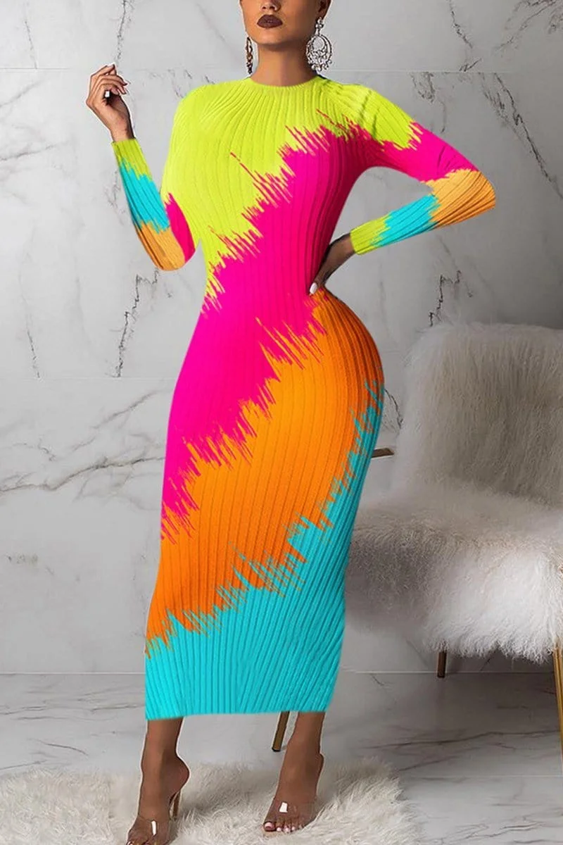 Sexy Slim Round Neck Multicolor Dress