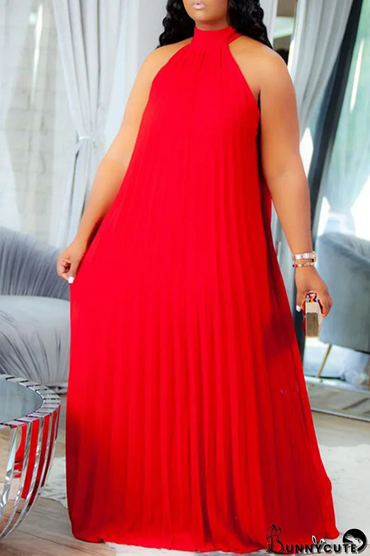 Red Elegant Solid Patchwork Fold Halter A Line Plus Size Dresses