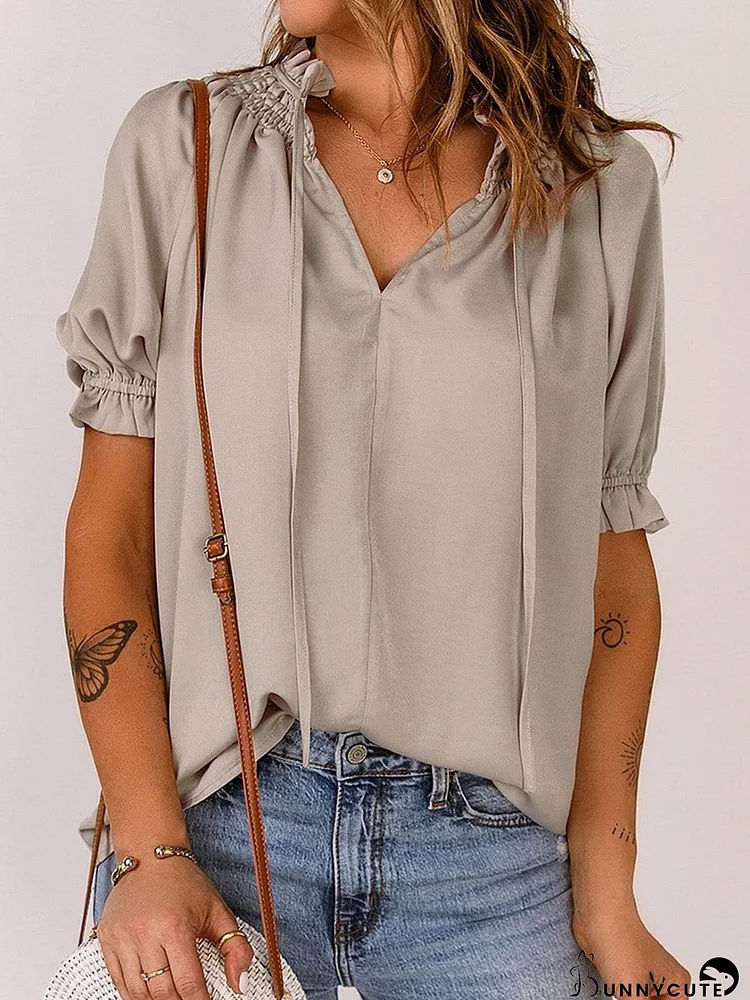 Khaki Frilled Split Neck Puff Sleeve Top