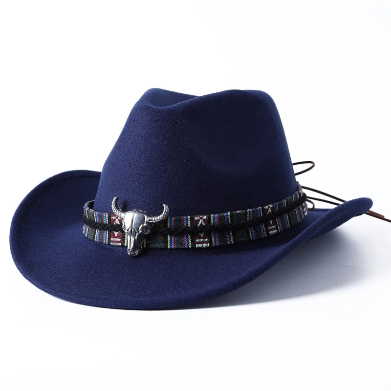 New Cow Head Woolen Western Denim Top Hat Ethnic Style Men And Women Couple Hat Style