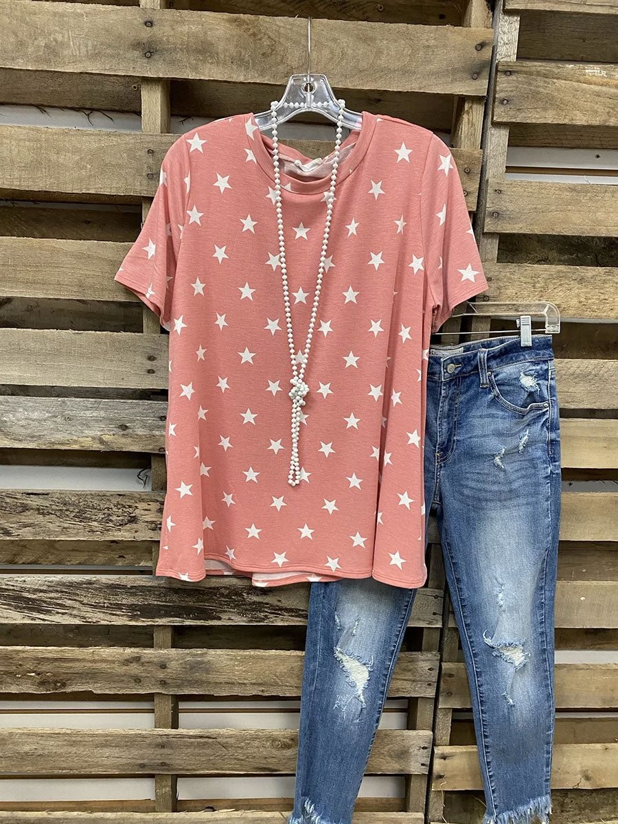Star Printed Casual Short Sleeve Crew Neck Cotton Red Shirt Top