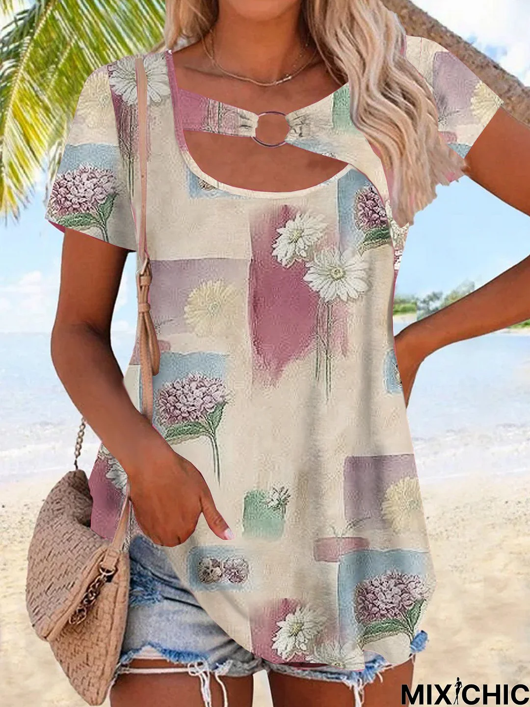 Casual Jersey Floral Cross Neck T-Shirts