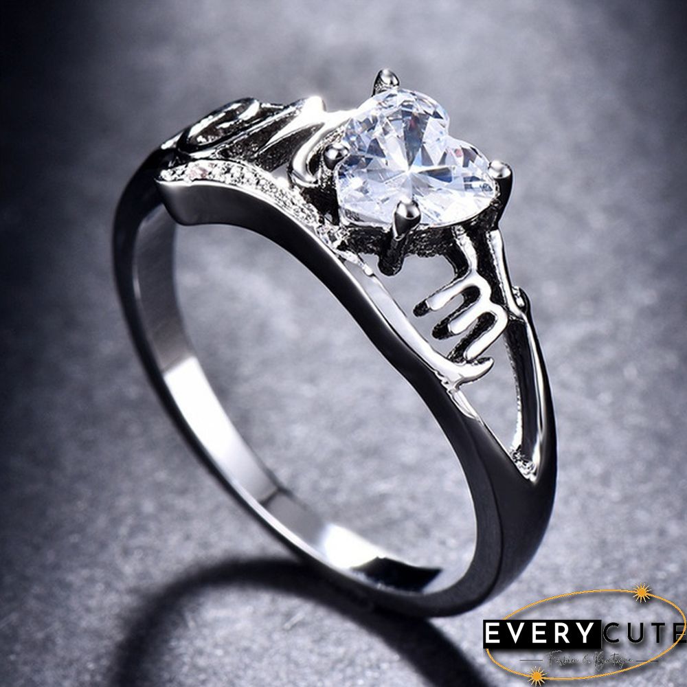 Heart Love Mom 925 Silver White Sapphire Ring Mother's Day Jewelry Gift Size 5-11
