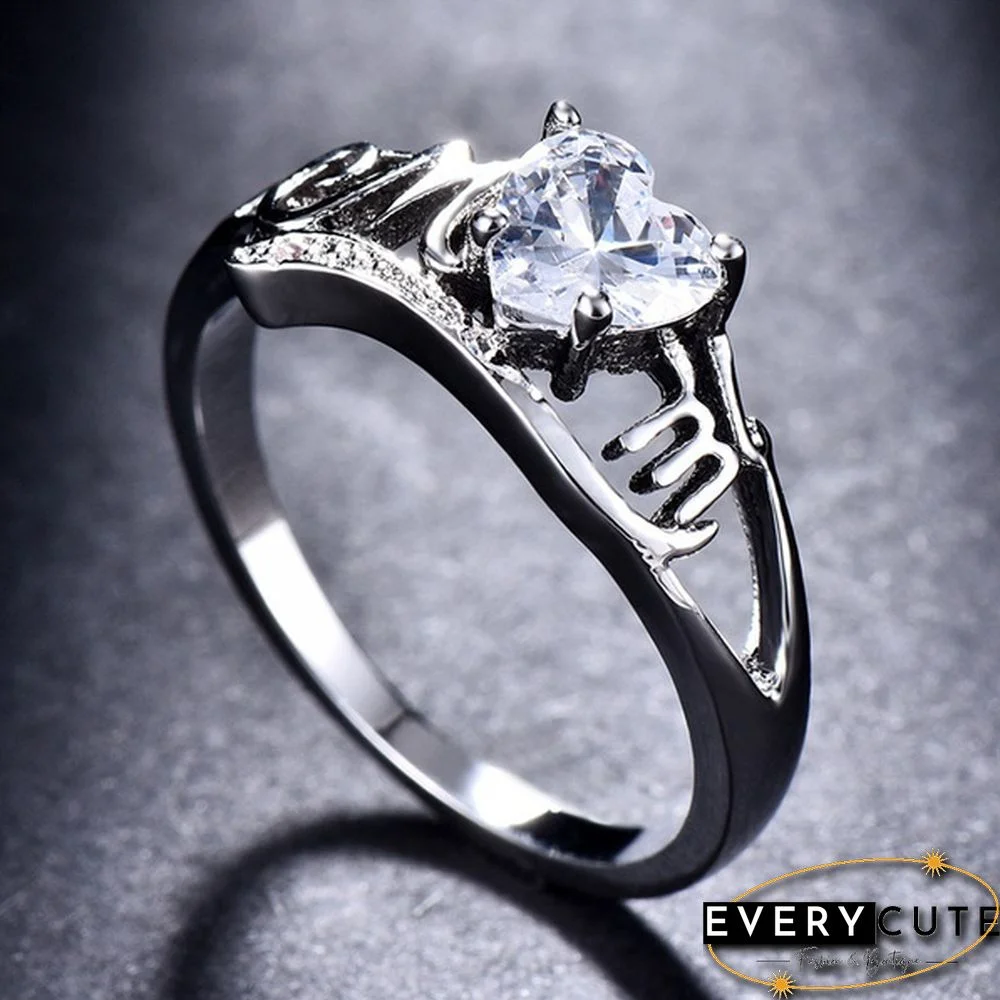 Heart Love Mom 925 Silver White Sapphire Ring Mother's Day Jewelry Gift Size 5-11