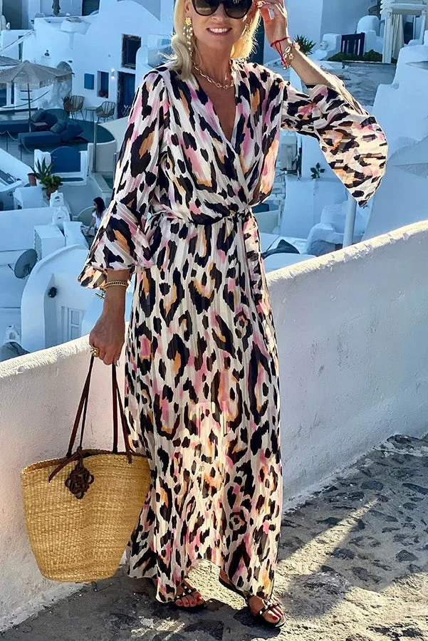 Everlasting Dreams Leopard Print Bell Sleeve Belted Maxi Dress