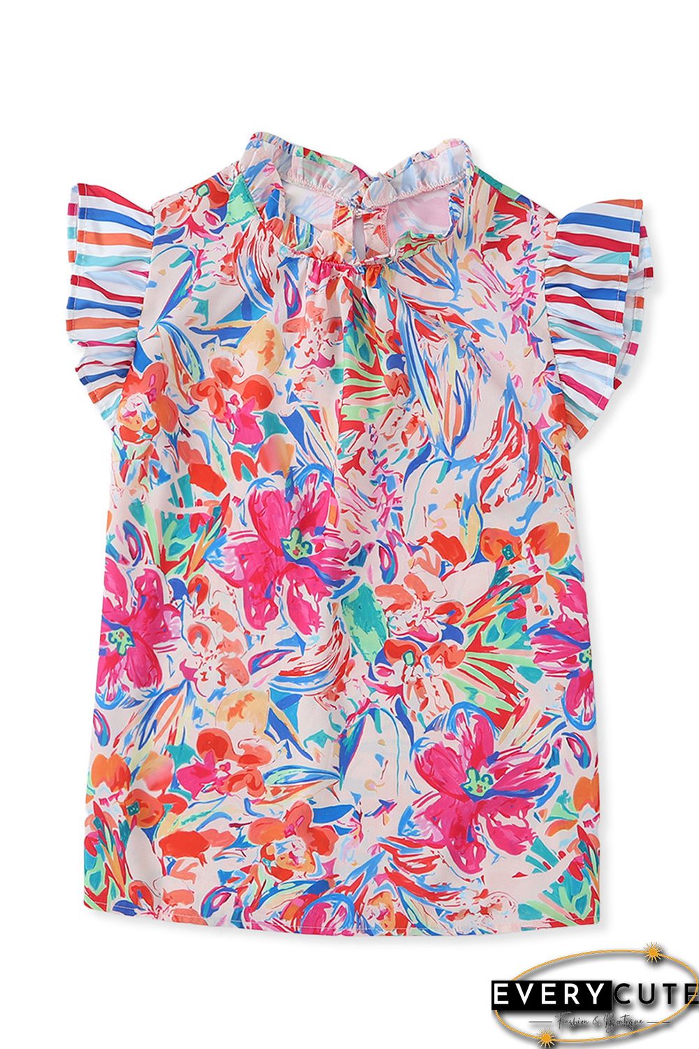 Multicolor Abstract Striped Patchwork Ruffled Short Sleeve Blouse