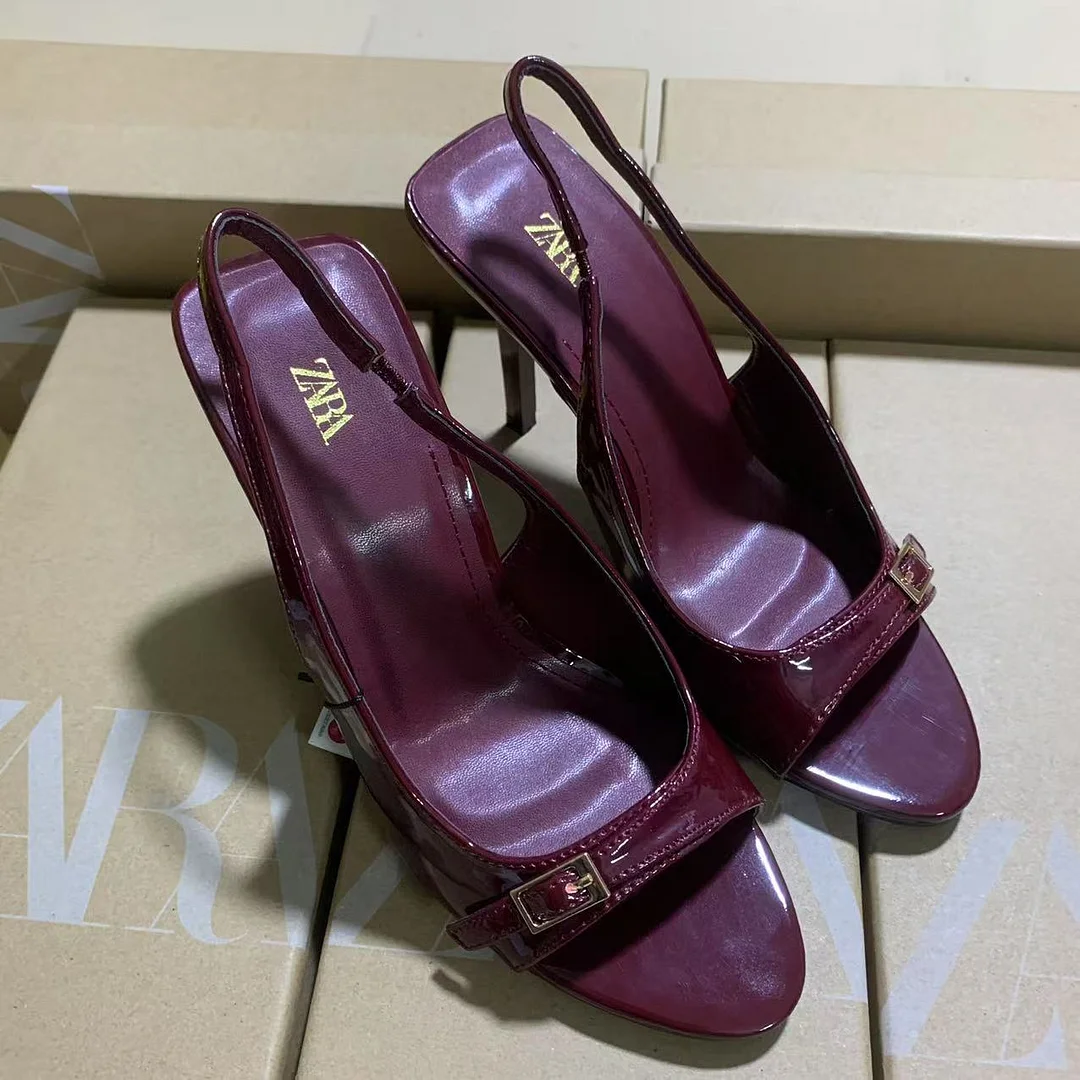 Breakj Breakj New Spring Tip-Tape Thin High Heels Wine Red Elegant Belt Buckle With High Heels