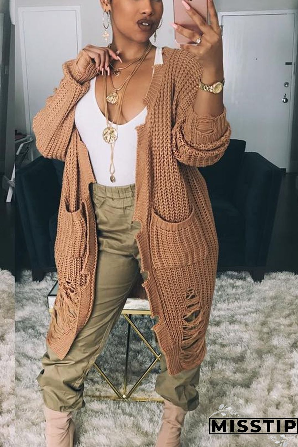 khaki Fashion long sleeve sweater cardigan