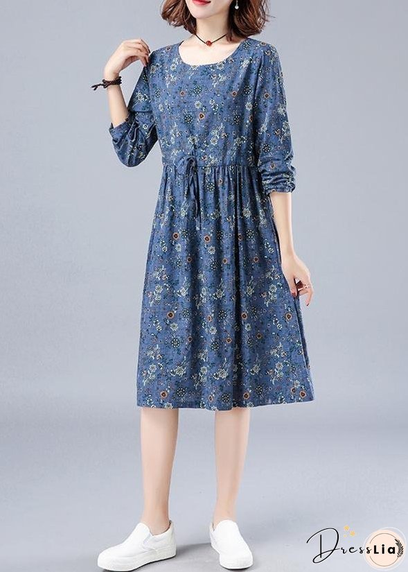 French O Neck Drawstring Spring Dresses Wardrobes Blue Print Dress