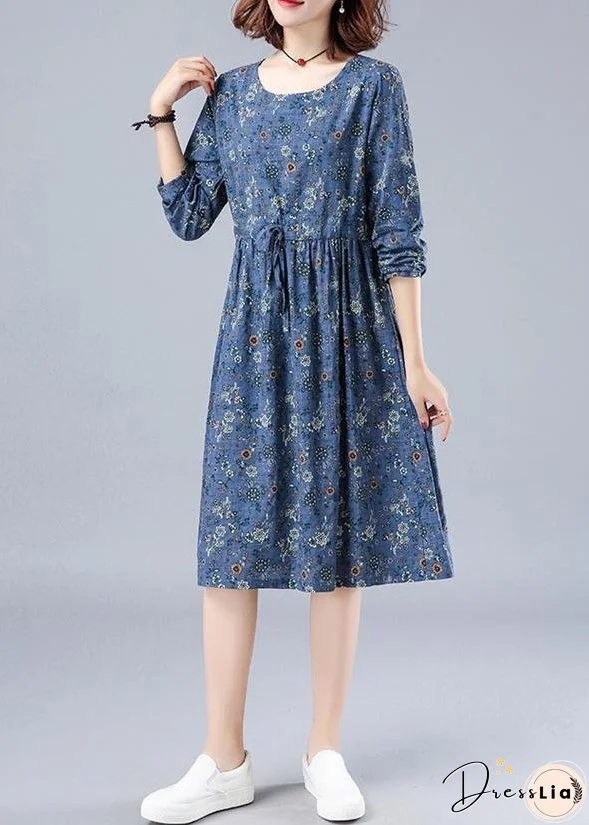 French O Neck Drawstring Spring Dresses Wardrobes Blue Print Dress