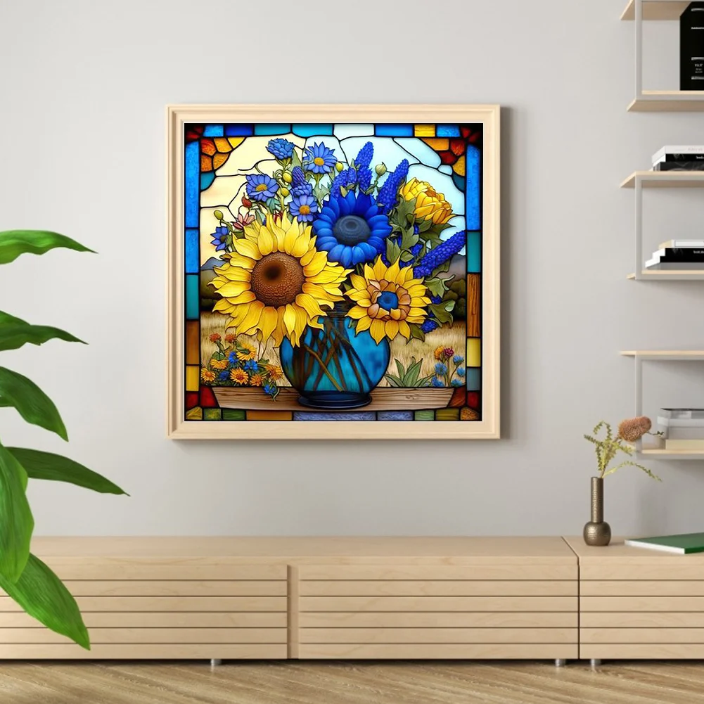 DIY Stamped Cross Stitch 14CT Full Embroidery 40*40cm - Glass Painting-Sunflowers