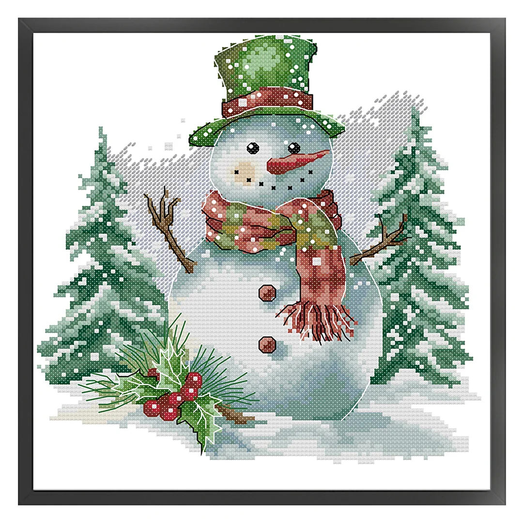 Green Snowman Partial 14CT DIY Stamped Cross Stitch Kits for Adults 27x28cm