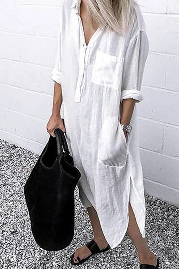 Casual Solid Color Split Shirt Dress