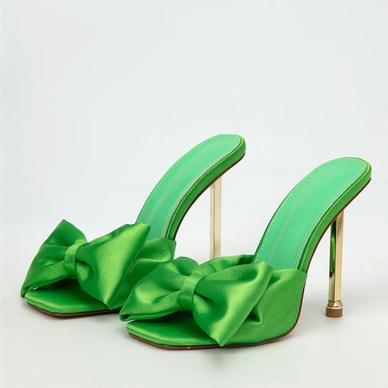 Fashion Party Metal High Heels Slippers Female Silk Butterfly-Knot Designer Gladiator Sandals Open Toe Summer Women Shoes Pumps