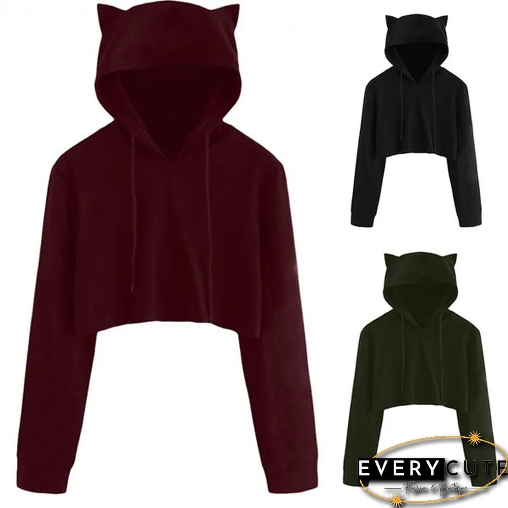 Cute Womens Sweatshirts Hoodie Crop Tops Solid Cat Ear Cropped Sweatshirt Hooded Pullover