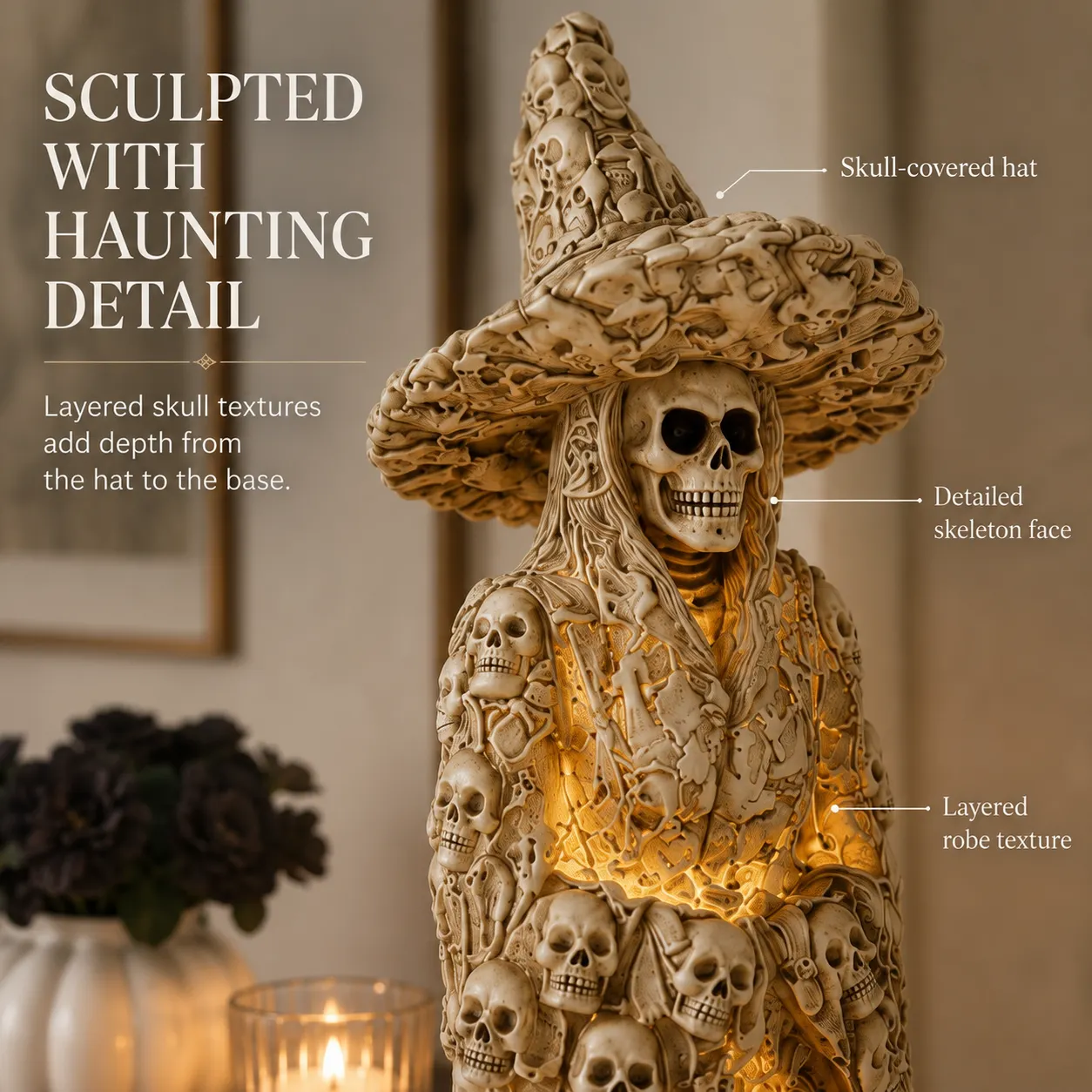 Detailed skull witch Halloween statue with warm glowing light