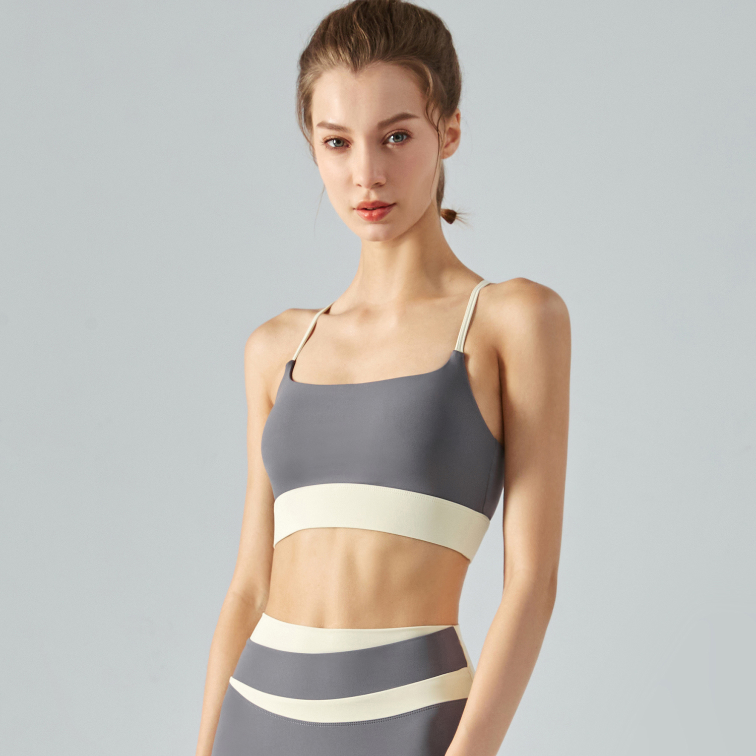 Hergymclothing Titanium women's shockproof thin straps contrast stitch yoga bra with high support online shopping