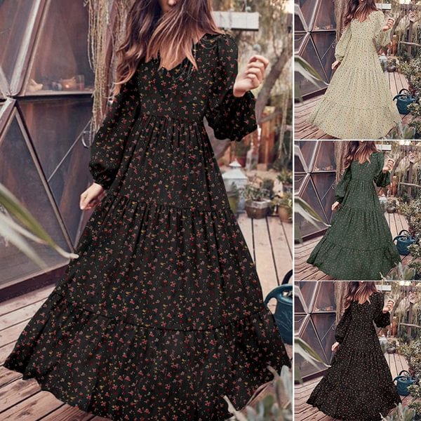 ZANZEN Women Cotton Long Sleeve Loose Long Maxi Dress V Neck Floral Print Holiday Cocktail Party Dresses New - Life is Beautiful for You - SheChoic