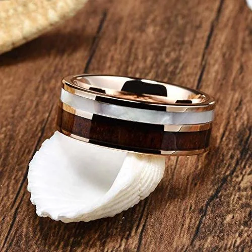 6MM 8MM Women's Or Men's Wedding Tungsten Carbide Wedding Matching Rings Yellow Gold with White Shell and Wood Inlay Comfort Fit Pipe Cut