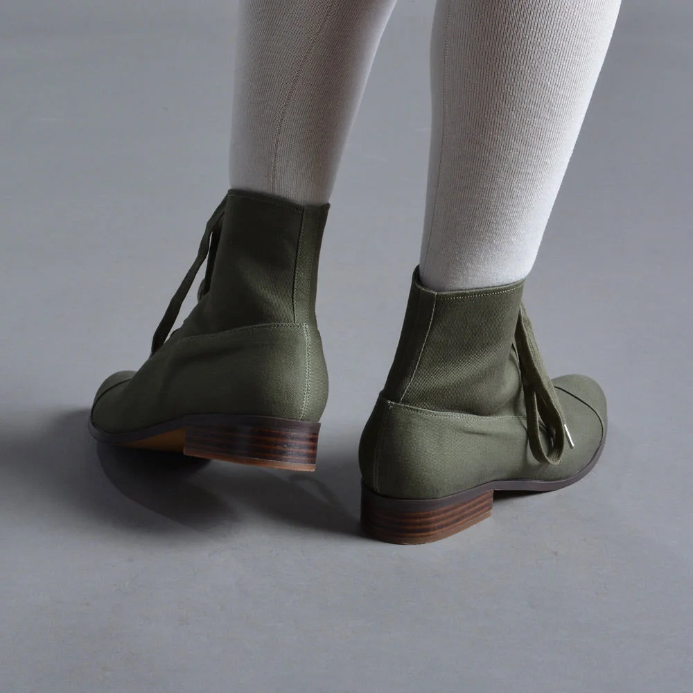 Olive Canvas Round Toe Stacked Heel Lace-Up Booties for Women