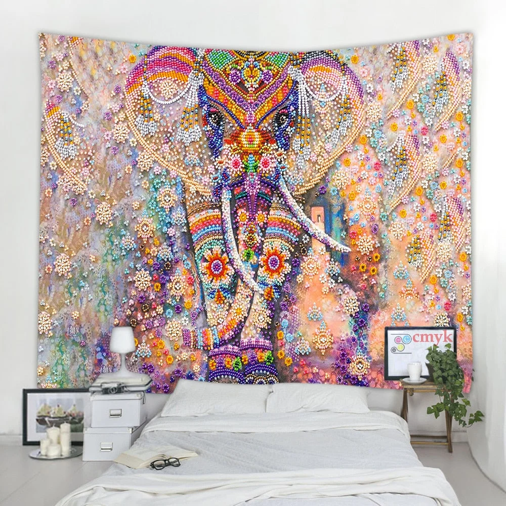 Colorful Pearl Elephant Tapestry 3D Mosaic Style Hippie Boho Wall Tapestries Mandala Fabric  Mat Living Room Decor