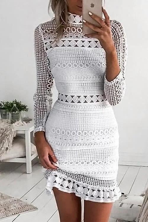 Back Zipper Lace Splice Hollow Out Mini Dress