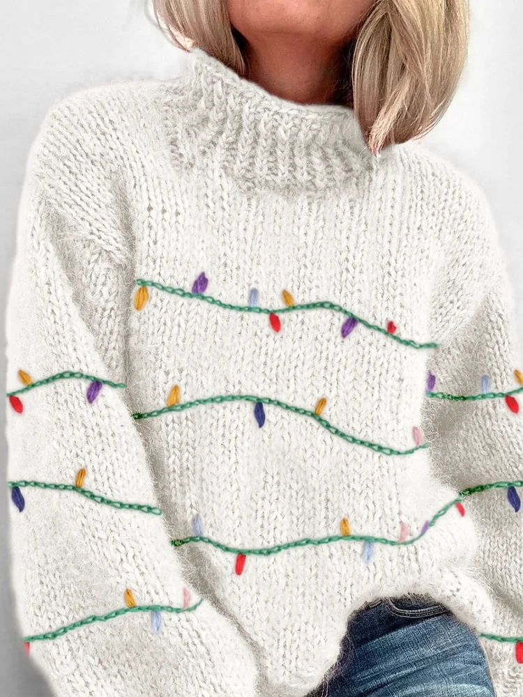 Colorful Christmas Lights Embroidered Cozy Turtleneck Sweater