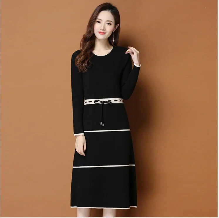 Mid Length Over The Knee With Undergarment Knitted Wool Skirt Autumn And Winter Temperament Close Waist Thin Belt Wool Skirts