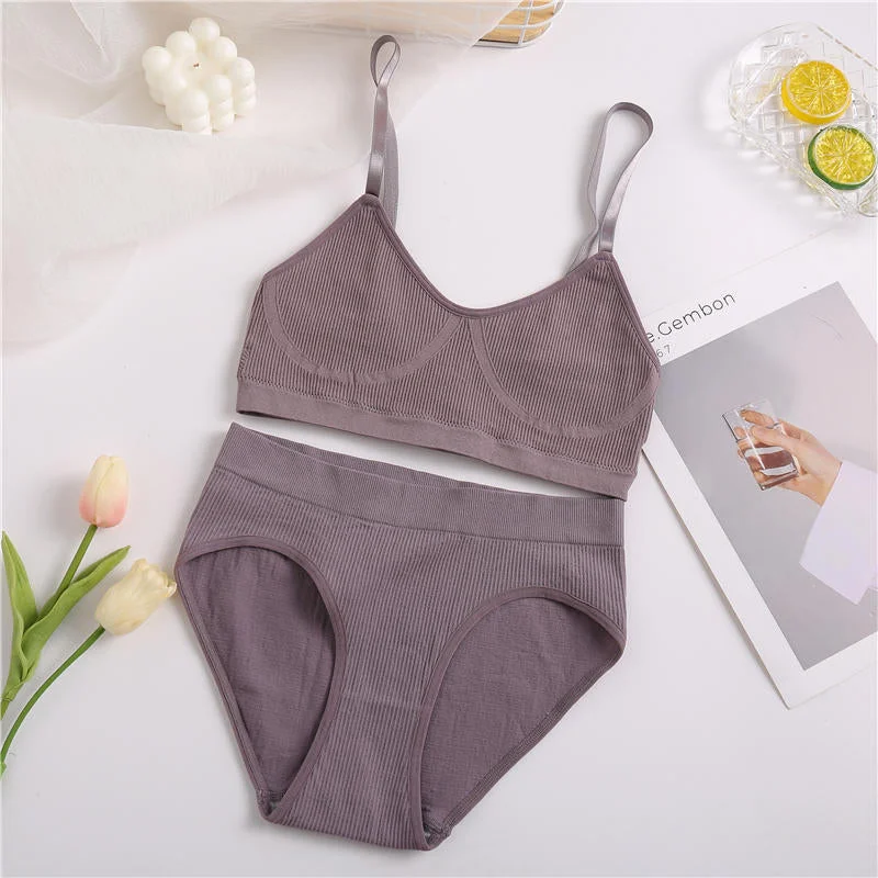 2PCS Bra Set Women Sexy Bralette Sexy Female Underwear Lingerie Ribbed Tops Girls Fashion Brassiere Basic Stretchy Tank Crop Top