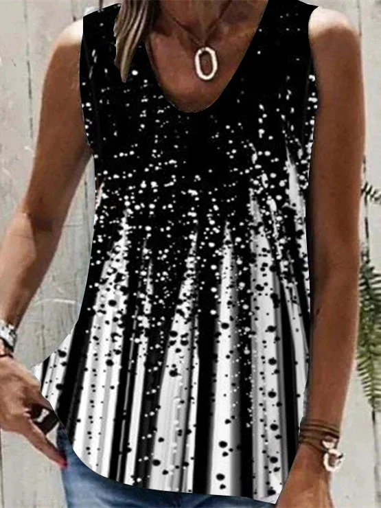 Women Sleeveless V-neck Polka Dot Colorblock Top