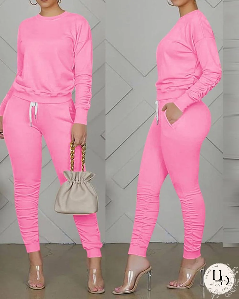 Long Sleeve Top & Pocket Design Drawstring Pants set P13357