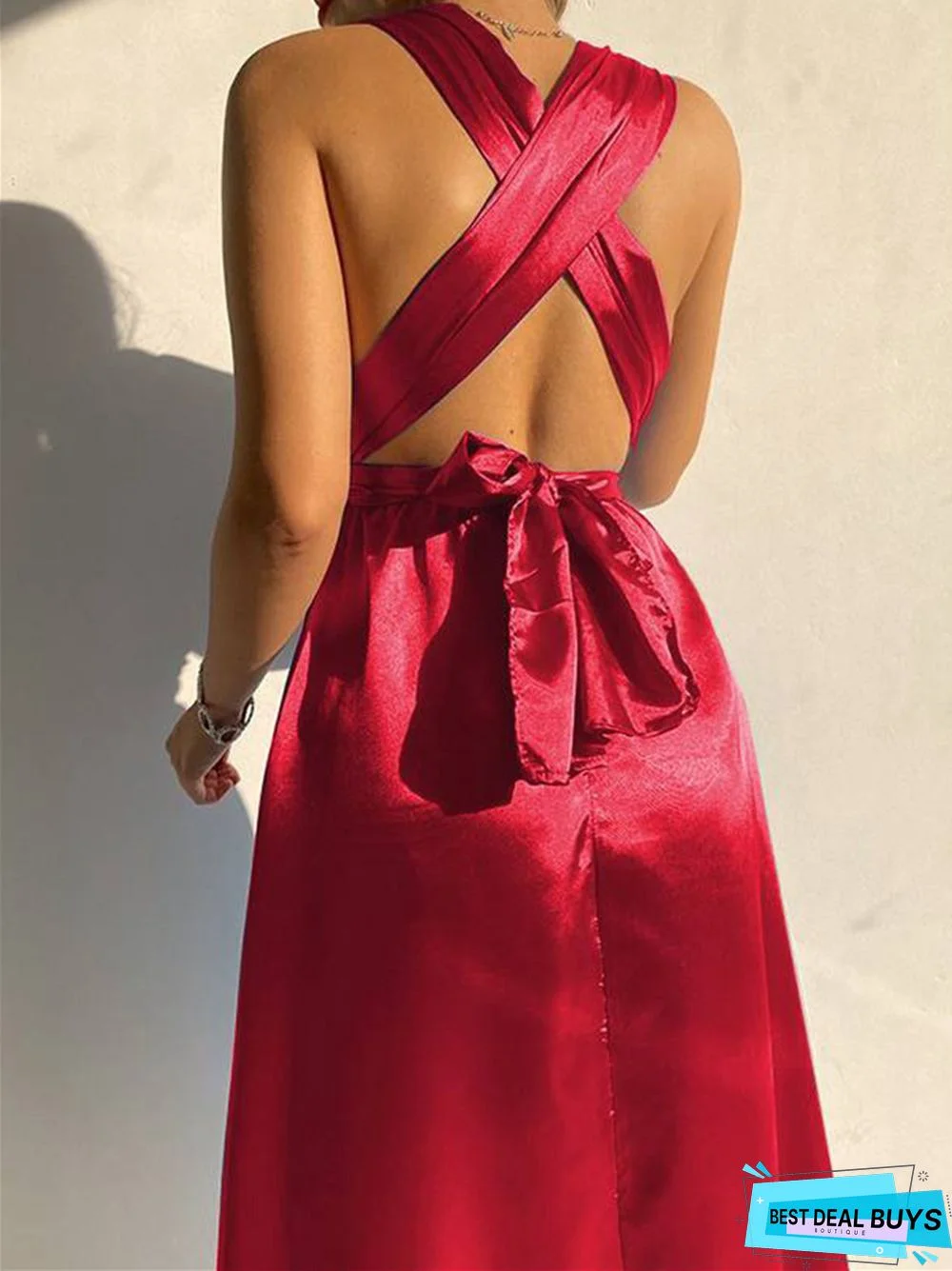 Solid Color Lace-Up V-Neck Sexy Backless Evening Dress
