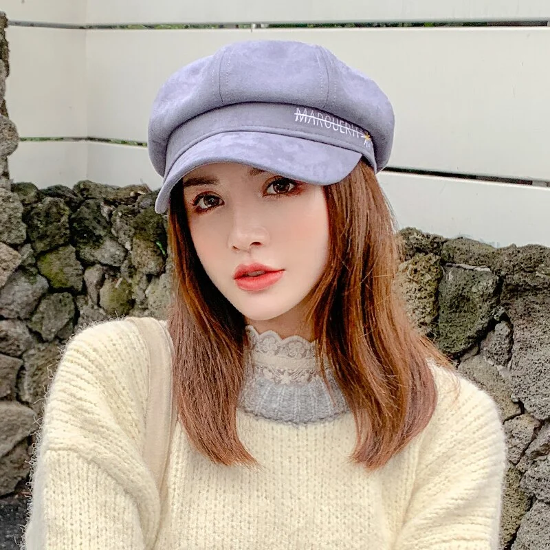 Suede Women Beret Autumn Winter Octagonal Cap Vintage Artist Painter Hat Ladies Daisy Embroidery Beret Hats Female Newsboy Caps
