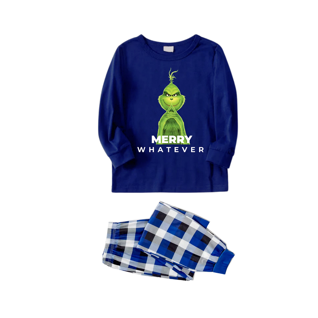 Cartoon Pattern and "Merry Whatever" Text Printed Blue and White Plaid Family Matching Pajamas