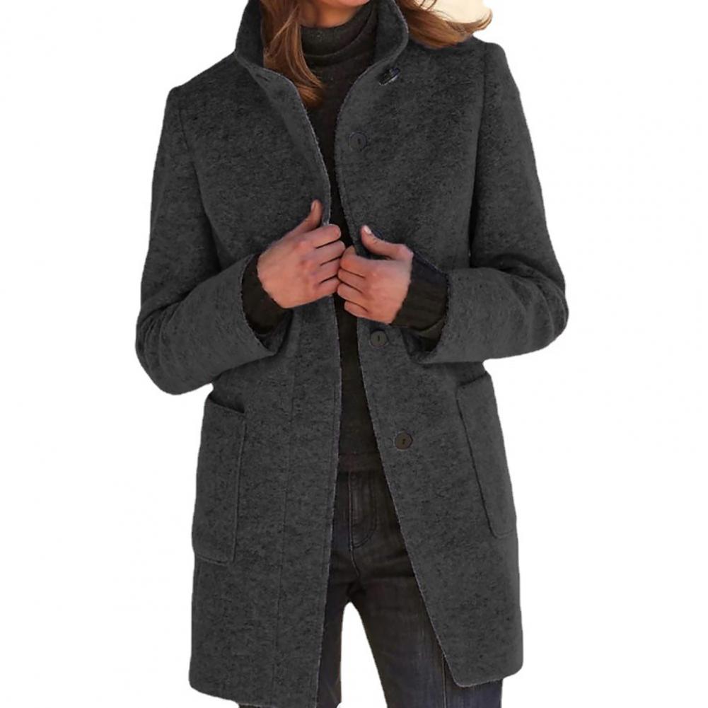 Women's Fashion Coat Stand Collar Solid Color Button Coat