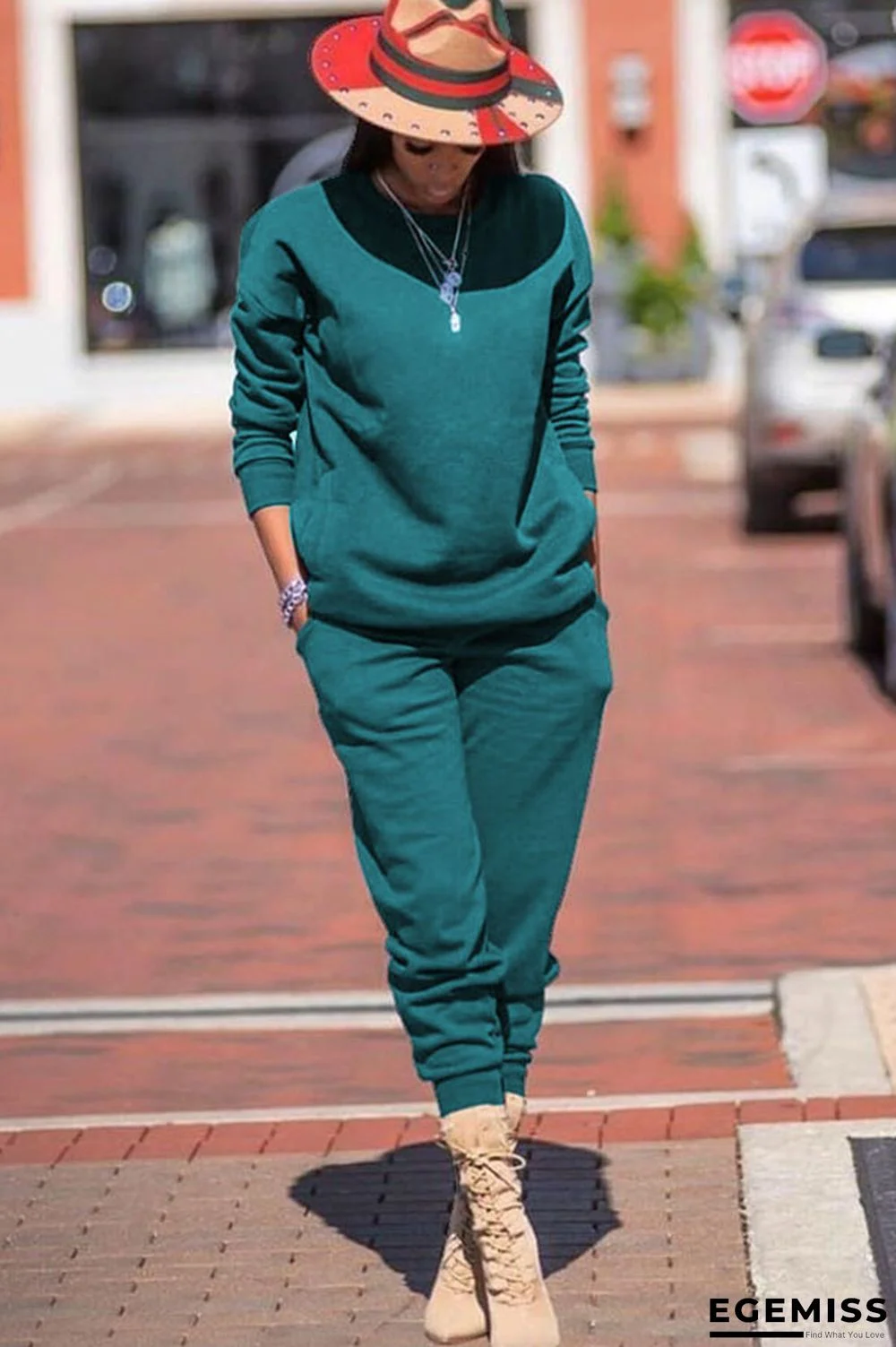 Peacock blue Casual Solid Two Piece Suits Patchwork pencil Long Sleeve Two-piece Pants Set | EGEMISS