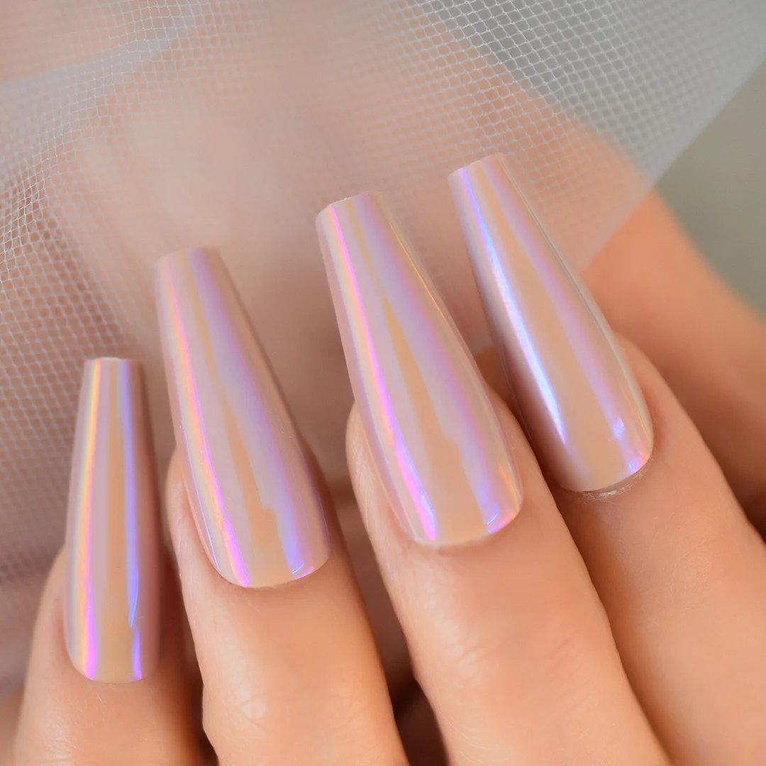 Metallic Coffin Nail Tips False Nails Long Ballerina Gold Mirror Fake Nails Press On Full Set For Fingernail Decorations-Nail Inspo