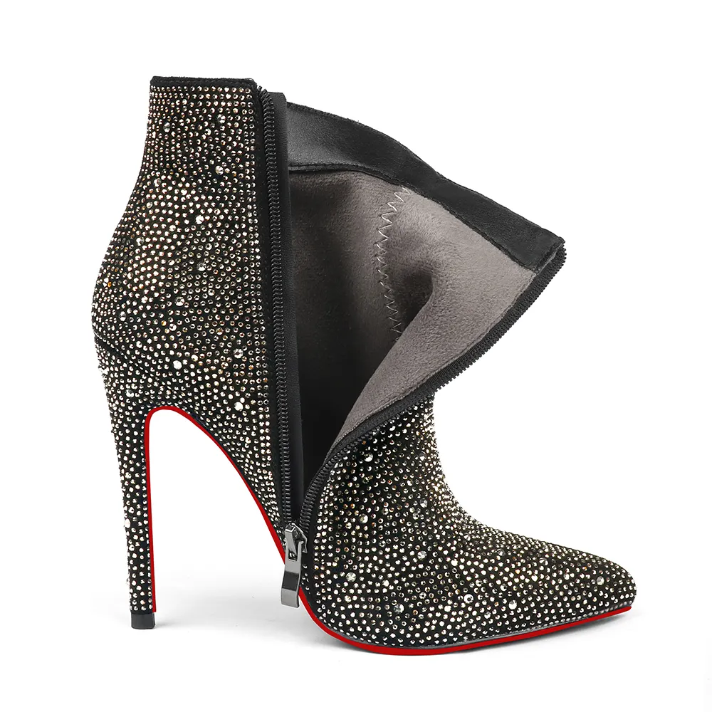 100mm/120mm Women's Rhinestone Ankle Boots with Closed Pointed Toe  Stilettos Autumn Red Bottom Warm Dress Booties -vocosishoes