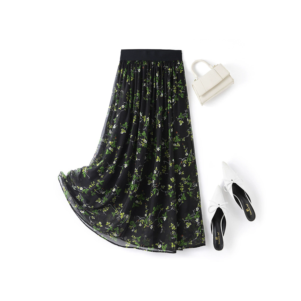 Nature-inspired Black Silk Skirt with Elastic Waist for Picnic in the Woods REAL SILK LIFE